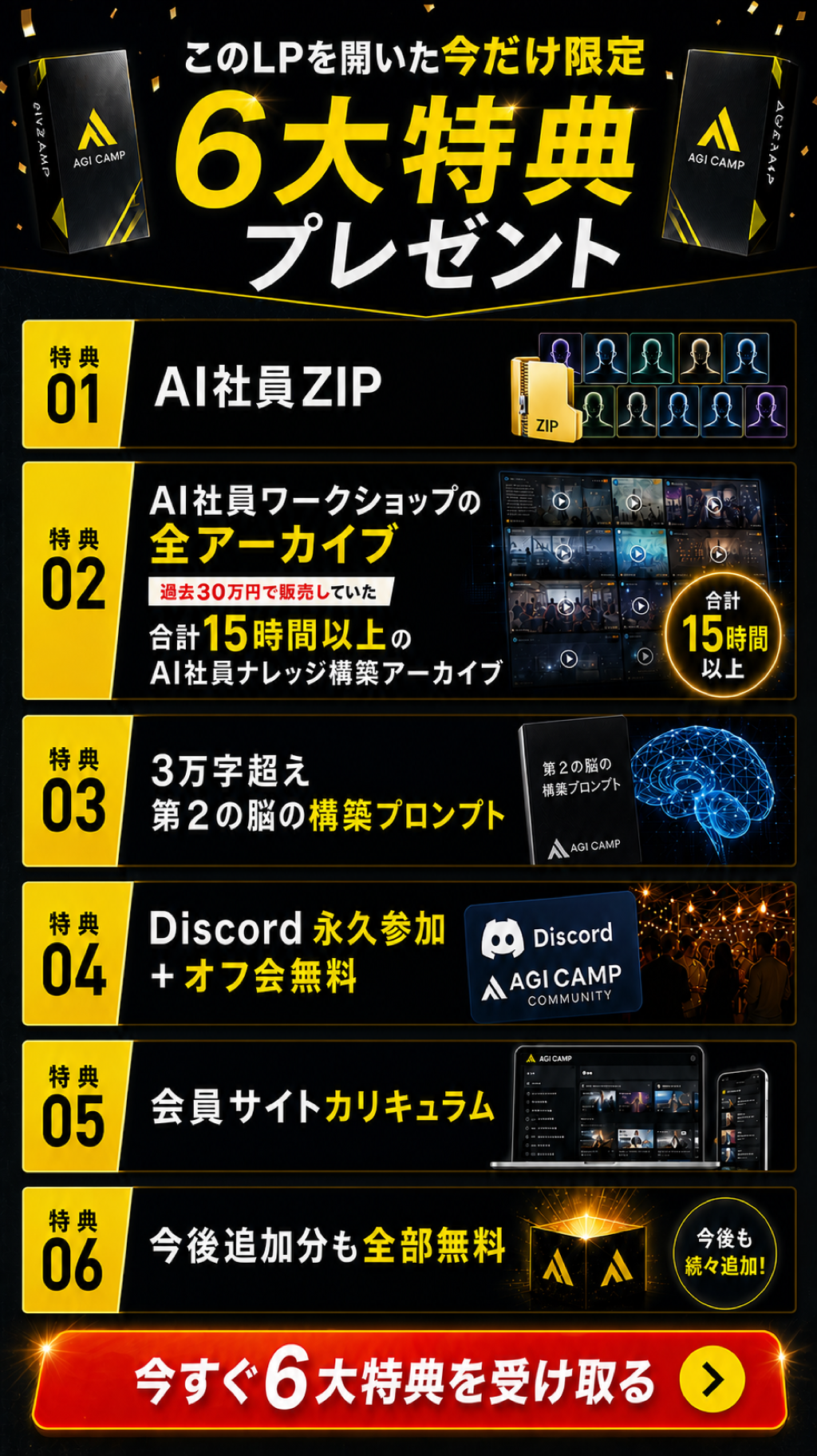 AGI CAMP 6大特典。AI社員ZIP、ワークショップ全アーカイブ、第二の脳構築プロンプト、Discord永久参加とオフ会無料、会員サイトカリキュラム、今後の追加分